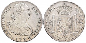 Carlos IV (1788-1808). 8 reales. 1796. Guatemala. M. (Cal-627). Ag. 26,93 g. Marquita en averso. Brillo original. Muy rara en esta conservación. EBC. ...