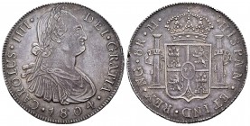 Carlos IV (1788-1808). 8 reales. 1804. Guatemala. M. (Cal-635). Ag. 26,92 g. Golpe en el canto. Bonita pátina. Escasa. EBC+/EBC. Est...600,00. 

Cha...