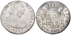Carlos IV (1788-1808). 8 reales. 1806. Lima. JP. (Cal-663). Ag. 27,12 g. Atractiva. Rara en esta conservación. EBC/EBC+. Est...250,00. 

Charles IV ...