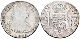 Carlos IV (1788-1808). 8 reales. 1808. Potosí. PJ. (Cal-732). Ag. 26,86 g. Buen ejemplar. EBC. Est...150,00. 

Charles IV (1788-1808). 8 reales. 180...