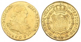 Carlos IV (1788-1808). 2 escudos. 1800/1790. Madrid. FA. (Cal-339). Au. 6,75 g. Sobrefecha. Leves rayas de ajuste. EBC. Est...300,00. 

Charles IV (...
