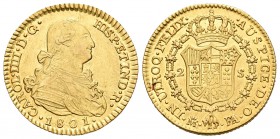 Carlos IV (1788-1808). 2 escudos. 1801. Madrid. FA/MF. (Cal-343). Au. 6,79 g. EBC-. Est...300,00. 

Charles IV (1788-1808). 2 escudos. 1801. Madrid....