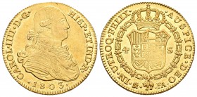 Carlos IV (1788-1808). 4 escudos. 1803. Madrid. FA. (Cal-207). Au. 13,54 g. Leves rayitas de ajuste. Buen ejemplar. Escasa. EBC-/EBC. Est...750,00. 
...