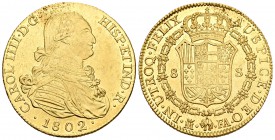 Carlos IV (1788-1808). 8 escudos. 1802. Madrid. FA. (Cal-33). (Cal onza-1011). Au. 26,94 g. Impurezas de metal a las 11 h. Brillo original. EBC+. Est....