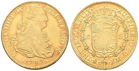 Carlos IV (1788-1808). 8 escudos. 1797. México. FM. (Cal-47). (Cal onza-1028). Au. 27,00 g. Bonito tono. EBC-. Est...1200,00. 

Charles IV (1788-180...