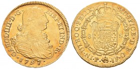 Carlos IV (1788-1808). 8 escudos. 1797. Popayán. JF. (Cal-76). (Cal onza-1060). Au. 26,94 g. Restos de brillo original. EBC. Est...1600,00. 

Charle...