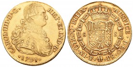Carlos IV (1788-1808). 8 escudos. 1791. Potosí. PR. (Cal-95). (Cal onza-1084). Au. 26,96 g. Busto laureado. Muy rara. MBC+. Est...3500,00.

Charles ...