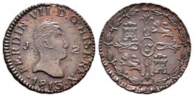 Fernando VII (1808-1833). 2 maravedís. 1813. Jubia. (Cal-1579). Ae. 2,61 g. Leves impurezas en anverso. Muy rara en esta conservación. SC-. Est...400,...