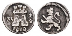 Fernando VII (1808-1833). 1/4 real. 1812. Santa Fe de Nuevo Reino. (Cal-1483). Ag. 0,81 g. Escasa. MBC-/MBC. Est...100,00. 

Ferdinand VII (1808-183...