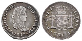 Fernando VII (1808-1833). 1/2 real. 1815. México. JJ. (Cal-1374). Ag. 1,72 g. Tono. EBC. Est...150,00. 

Ferdinand VII (1808-1833). 1/2 real. 1815. ...
