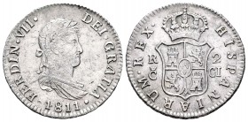 Fernando VII (1808-1833). 2 reales. 1811. Cádiz. CI. (Cal-837). Ag. 5,85 g. Ceca grande. Escasa en esta conservación. EBC-. Est...150,00. 

Ferdinan...