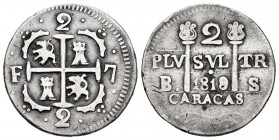 Fernando VII (1808-1833). 2 reales. 1819/8. Caracas. BS. (Cal-844 variante). Ag. 4,87 g. Leones y castillos. Rara sobrefecha. MBC+. Est...320,00. 

...