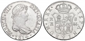 Fernando VII (1808-1833). 8 reales. 1814. Madrid. GJ. (Cal-503). Ag. 26,74 g. Primer año de busto laureado. Ligera limpieza. Escasa. EBC. Est...250,00...