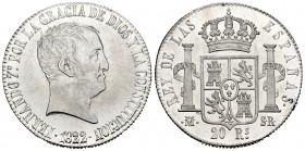 Fernando VII (1808-1833). 20 reales. 1822. Madrid. SR. (Cal-516). Ag. 27,01 g. Tipo "cabezón". Magnífico ejemplar. Brillo original. EBC+/SC. Est...700...