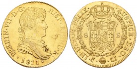 Fernando VII (1808-1833). 8 escudos. 1811. Cádiz. CI. (Cal-1). (Cal onza-1191). Au. 26,94 g. Bello ejemplar para este tipo. Rara, aun más en esta cons...