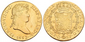 Fernando VII (1808-1833). 8 escudos. 1813. Cataluña. SF. (Cal-2). (Cal onza-1197). Au. 26,92 g. Sin punto delante de ensayadores. Rayitas delante del ...