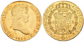Fernando VII (1808-1833). 8 escudos. 1814. Cataluña. SF. (Cal-3). (Cal onza-1200). Au. 26,98 g. Sin punto delante de ensayadores. Fallito de metal en ...