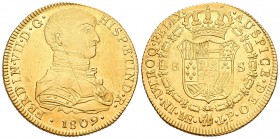 Fernando VII (1808-1833). 8 escudos. 1809. Lima. JP. (Cal-13). (Cal onza-1211). Au. 27,01 g. Busto indígena. Leves rayitas de ajuste. Bonita acuñación...