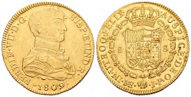 Fernando VII (1808-1833). 8 escudos. 1809. Lima. JP. (Cal-13). (Cal onza-1211). Au. 26,92 g. Busto indígena. Parte de brillo original. Escasa. EBC/EBC...