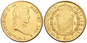 Fernando VII (1808-1833). 8 escudos. 1818. Lima. JP. (Cal-24). (Cal onza-1227). Au. 27,06 g. Hojas de acuñación. Restos de brillo original en reverso....
