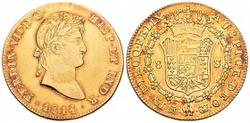 Fernando VII (1808-1833). 8 escudos. 1814. Madrid. GJ. (Cal-28). (Cal onza-1233). Au. 27,01 g. Precioso color. Brillo original. Muy rara. EBC+. Est......