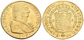 Fernando VII (1808-1833). 8 escudos. 1809. Santiago. FJ. (Cal-113). (Cal onza-1343). Au. 27,01 g. Busto almirante. Hojitas en anverso y leve falta de ...