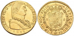 Fernando VII (1808-1833). 8 escudos. 1811. Santiago. FJ. (Cal-116). (Cal onza-1348). Au. 26,99 g. Busto almirante. Rayitas en anverso. Muy escasa. EBC...