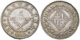 José Napoleón (1808-1814). 5 pesetas. 1810. Barcelona. (Cal-15). Ag. 26,96 g. EBC. Est...450,00. 

Joseph Napoleon (1808-1814). 5 pesetas. 1810. Bar...