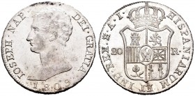 José Napoleón (1808-1814). 20 reales. 1809. Madrid. AI. (Cal-24). Ag. 27,17 g. Rayitas en anverso. Brillo original. EBC+/SC-. Est...450,00. 

Joseph...