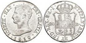 José Napoleón (1808-1814). 20 reales. 1810. Madrid. AI. (Cal-25). Ag. 26,87 g. Rayitas en anverso. Bonito ejemplar. Brillo original. SC-. Est...540,00...