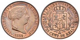 Isabel II (1833-1868). 25 céntimos de real. 1854. Segovia. (Cal-589). Ae. 9,67 g. Muy bella. Brillo original. Parece una prueba. Rara en esta conserva...