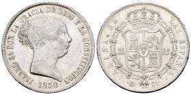 Isabel II (1833-1868). 20 reales. 1850. Madrid. CL. (Cal-170). Ag. 26,11 g. Golpecitos en canto, Escasa. EBC-. Est...280,00. 

Elizabeth II (1833-18...