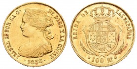 Isabel II (1833-1868). 100 reales. 1856. Barcelona. (Cal-9). Au. 8,39 g. Restos de brillo original. Rara. EBC/EBC+. Est...650,00. 

Elizabeth II (18...