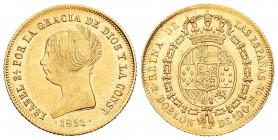 Isabel II (1833-1868). Doblón de 100 reales. 1851. Madrid. CL. (Cal-4). Au. 8,21 g. Rara. EBC+. Est...800,00. 

Elizabeth II (1833-1868). Doblón de ...