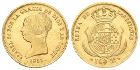 Isabel II (1833-1868). 100 reales. 1855. Madrid. (Cal-19). Au. 8,25 g. Leves marquitas en anverso. EBC+. Est...300,00. 

Elizabeth II (1833-1868). 1...