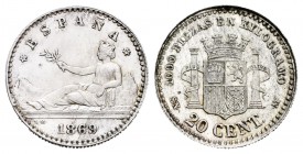 Gobierno Provisional (1868-1871). 20 céntimos. 1869*69. Madrid. SNM. (Cal-21). Ag. 1,14 g. Brillo original. La moneda más rara del Centenario de la Pe...