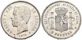 Amadeo I (1871-1873). 5 pesetas. 1871*18-75. Madrid. DEM. (Cal-12). Ag. 24,96 g. Brillo original. EBC+/SC-. Est...750,00. 

Amadeo I (1871-1873). 5 ...