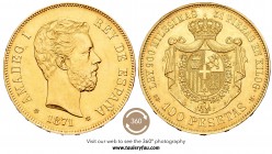 Amadeo I (1871-1873). 100 pesetas. 1871*18-71. Madrid. SDM. (Cal-1). Au. 33,26 g. Oro amarillo. Con certificado de autenticidad extendido por Gabinete...