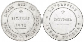 Revolución Cantonal. 5 pesetas. 1873. Cartagena (Murcia). (Cal-5). (Peseta-no cita). Ag. 29,39 g. Rotura de cuño en reverso. 96 perlas en anverso y 10...