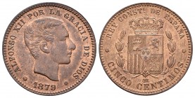 Alfonso XII (1874-1885). 5 céntimos. 1879. Barcelona. OM. (Cal-73). Ae. 4,93 g. Brillo original. SC-. Est...200,00. 

Alfonso XII (1874-1885). 5 cén...