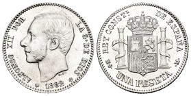Alfonso XII (1874-1885). 1 peseta. 1882*18-82. Madrid. MSM. (Cal-58). Ag. 5,01 g. Brillo original. Muy escasa en esta conservación. SC-. Est...900,00....