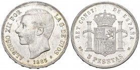 Alfonso XII (1874-1885). 5 pesetas. 1885*18-87. Madrid. MSM. (Cal-42). Ag. 25,00 g. Manchita en anverso. Brillo original. Escasa así. SC-. Est...400,0...