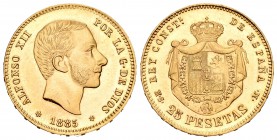 Alfonso XII (1874-1885). 25 pesetas. 1885*18-85. Madrid. MSM. (Cal-20). Au. 8,06 g. Brillo original. Rara. SC-. Est...2600,00. 

Alfonso XII (1874-1...