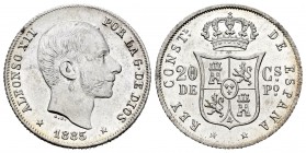 Alfonso XII (1874-1885). 20 centavos. 1885. Manila. (Cal-92). Ag. 5,14 g. Pleno brillo original. SC-. Est...200,00. 

Alfonso XII (1874-1885). 20 ce...