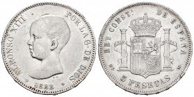 Alfonso XIII (1886-1931). 5 pesetas. 188*18-88. Madrid. MSM. (Cal-12). Ag. 24,88 g. Muy rara. MBC+. Est...1600,00. 

Alfonso XIII (1886-1931). 5 pes...