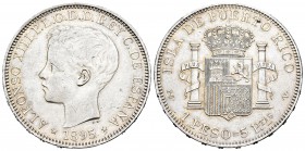 Alfonso XIII (1886-1931). 1 peso. 1895. Puerto Rico. PGV. (Cal-82). Ag. 24,91 g. Restos de brillo original. Buen ejemplar. Rara. EBC/EBC+. Est...900,0...