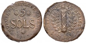 Alemania. Friedrich Karl Josef. 5 sols. 1793 (L´AN 2). Mainz. (Km-603). (Gad-67). Ae. 22,05 g. Moneda de emergencia durante el asedio francés a la ciu...