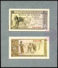 Proyectos no adoptados de anverso y reverso del billete de 5 pesetas para la emisión del 4 de Octubre de 1944 con las firmas del Gobernador, Intervent...