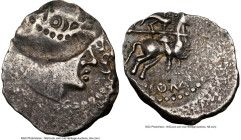 CENTRAL GAUL. Allobroges. Ca. 100-50 BC. AR quinarius (17mm, 2h). NGC VF, partial brockage. BRI, celticized head of Roma right, wearing helmet pushed ...