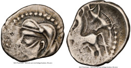 CENTRAL GAUL. Bituriges. Ca. 100-50 BC. AR quinarius (15mm, 8h). NGC Choice Fine. Male head left, hair in three large locks / Horse prancing left; boa...